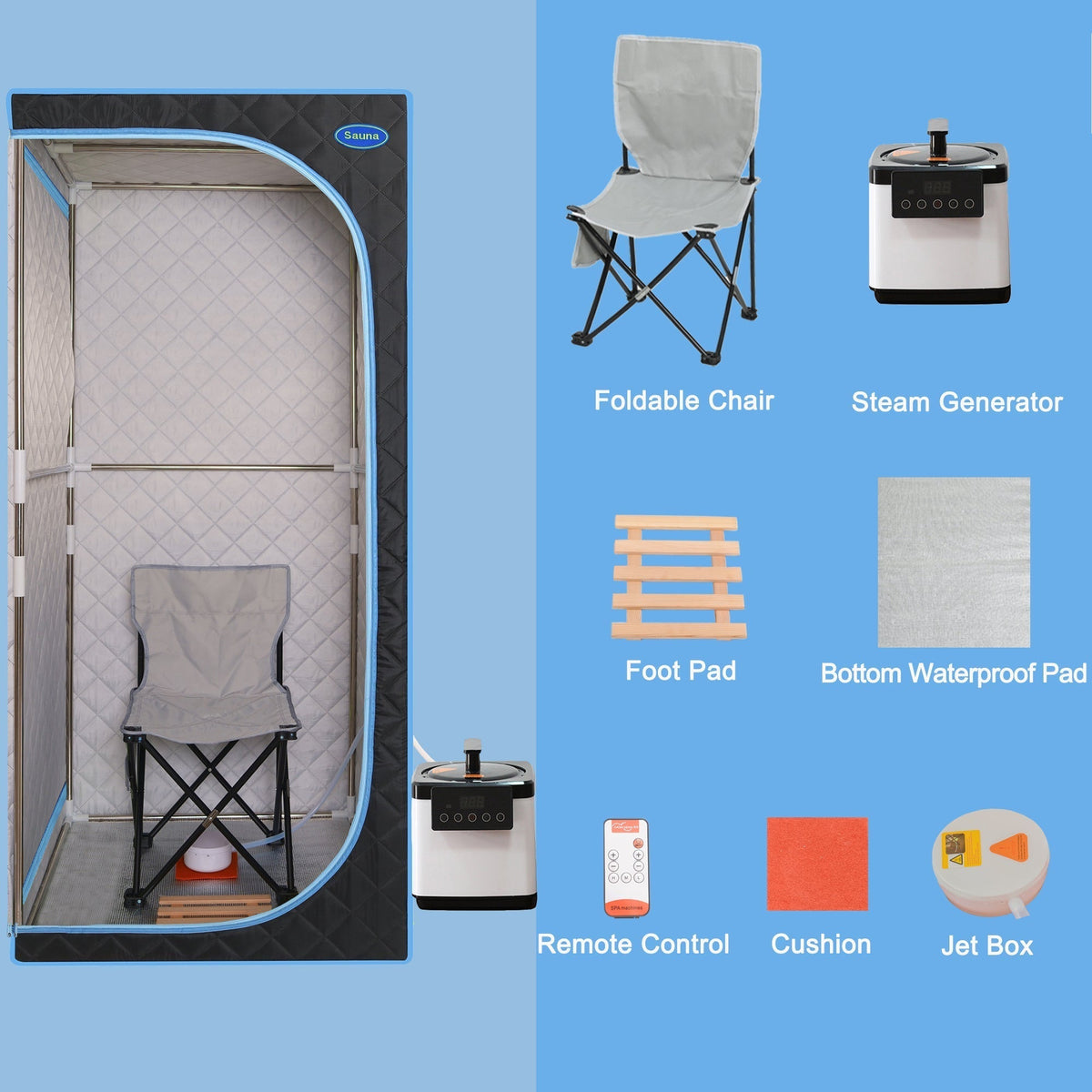 Full Size Portable Steam Sauna Tent, Stainless Steel Frame, 2.6L 1000W Steamer, Remote & Chair - Black