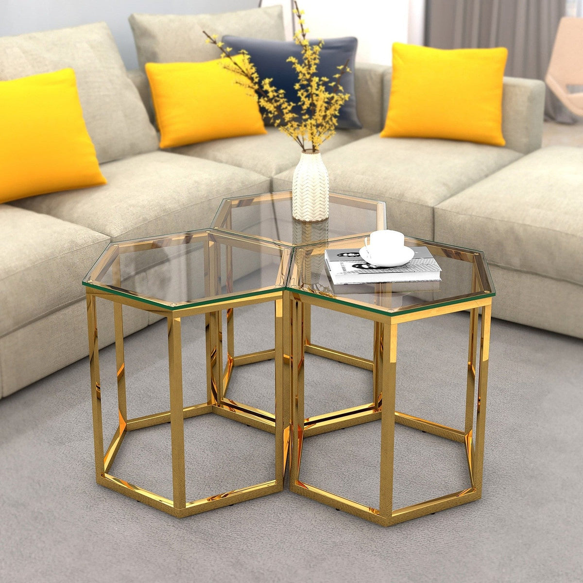 Worldwide Home Furnishings Fleur-3pc Accent Table-Gold 3pc Accent Table Set 501-635GL-3