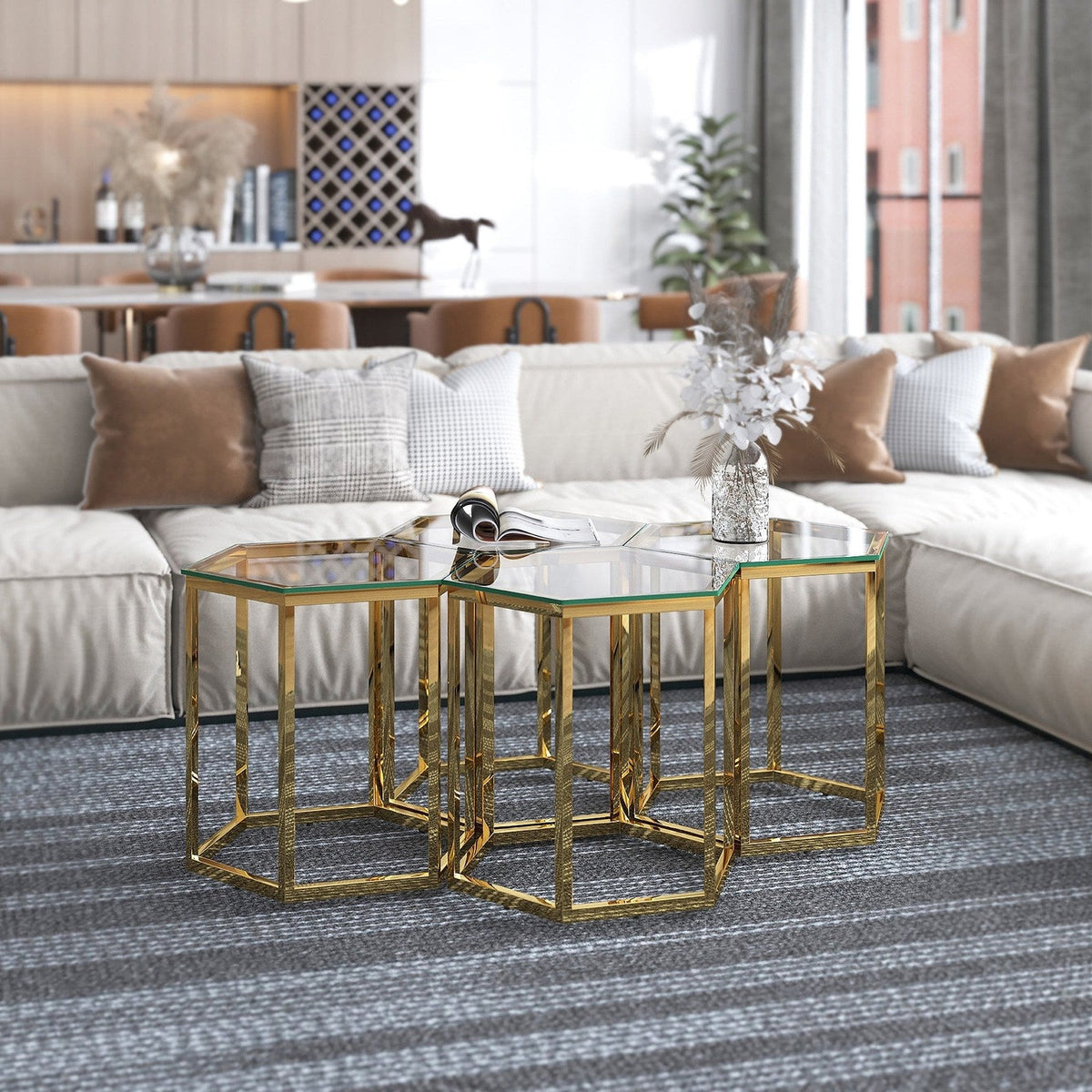 Worldwide Home Furnishings Fleur-4pc Accent Table-Gold 4pc Accent Table Set 501-635GL-4