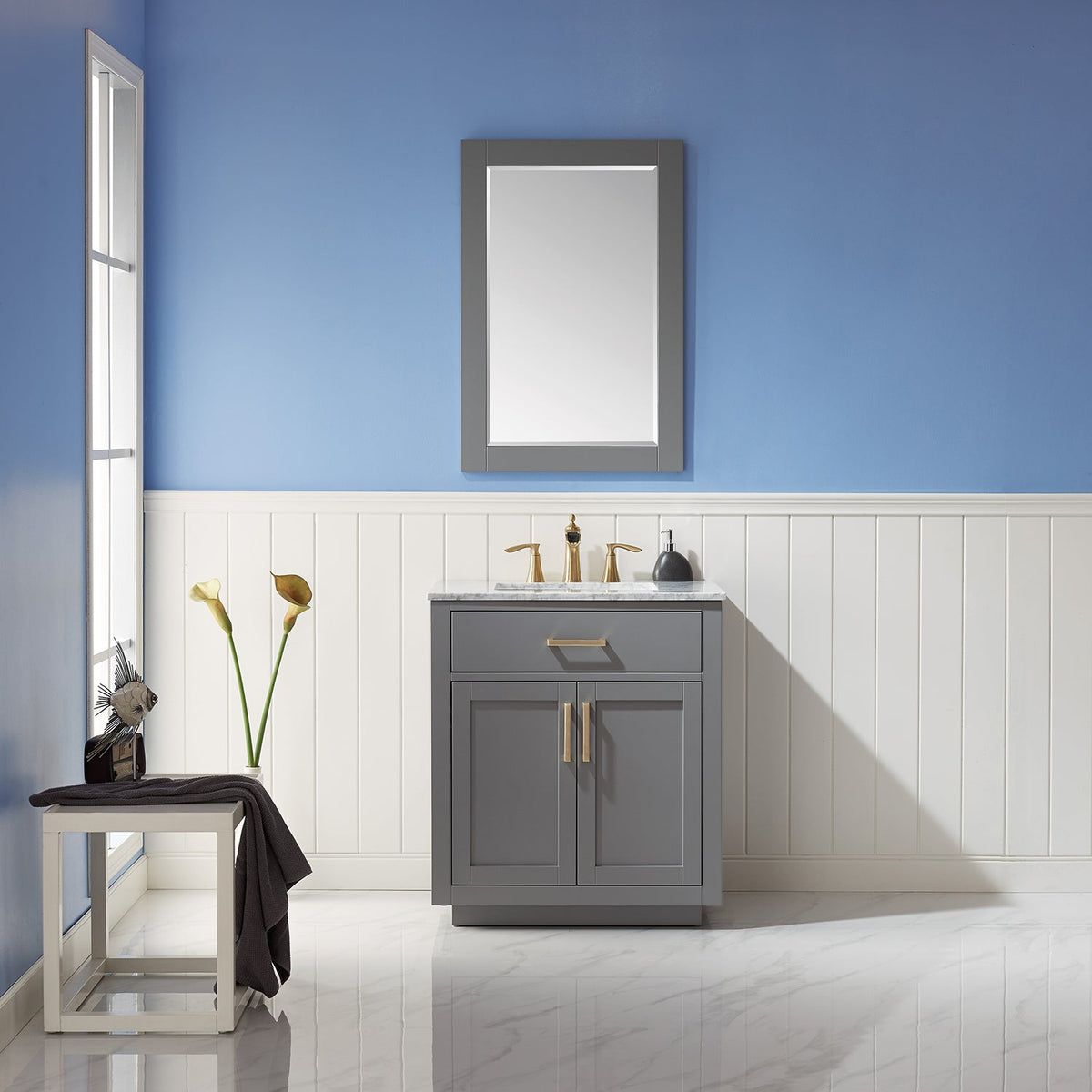 Altair Design Ivy 30" Single Bathroom Vanity Set in Gray and Carrara White Marble Countertop