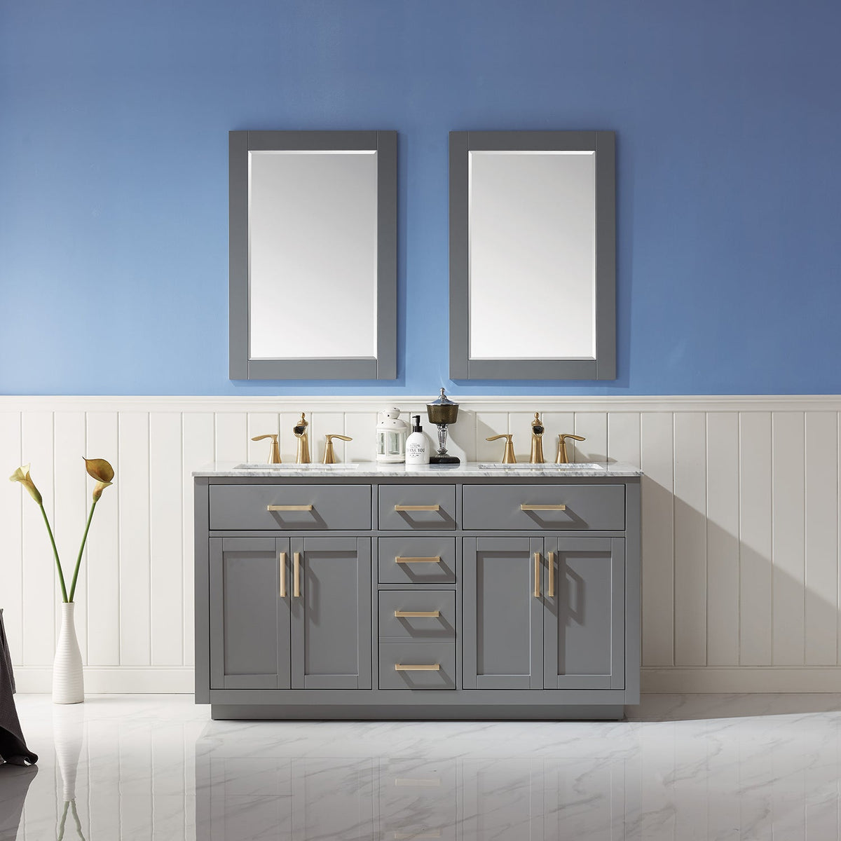 Altair Design Ivy 60" Double Bathroom Vanity Set in Gray and Carrara White Marble Countertop