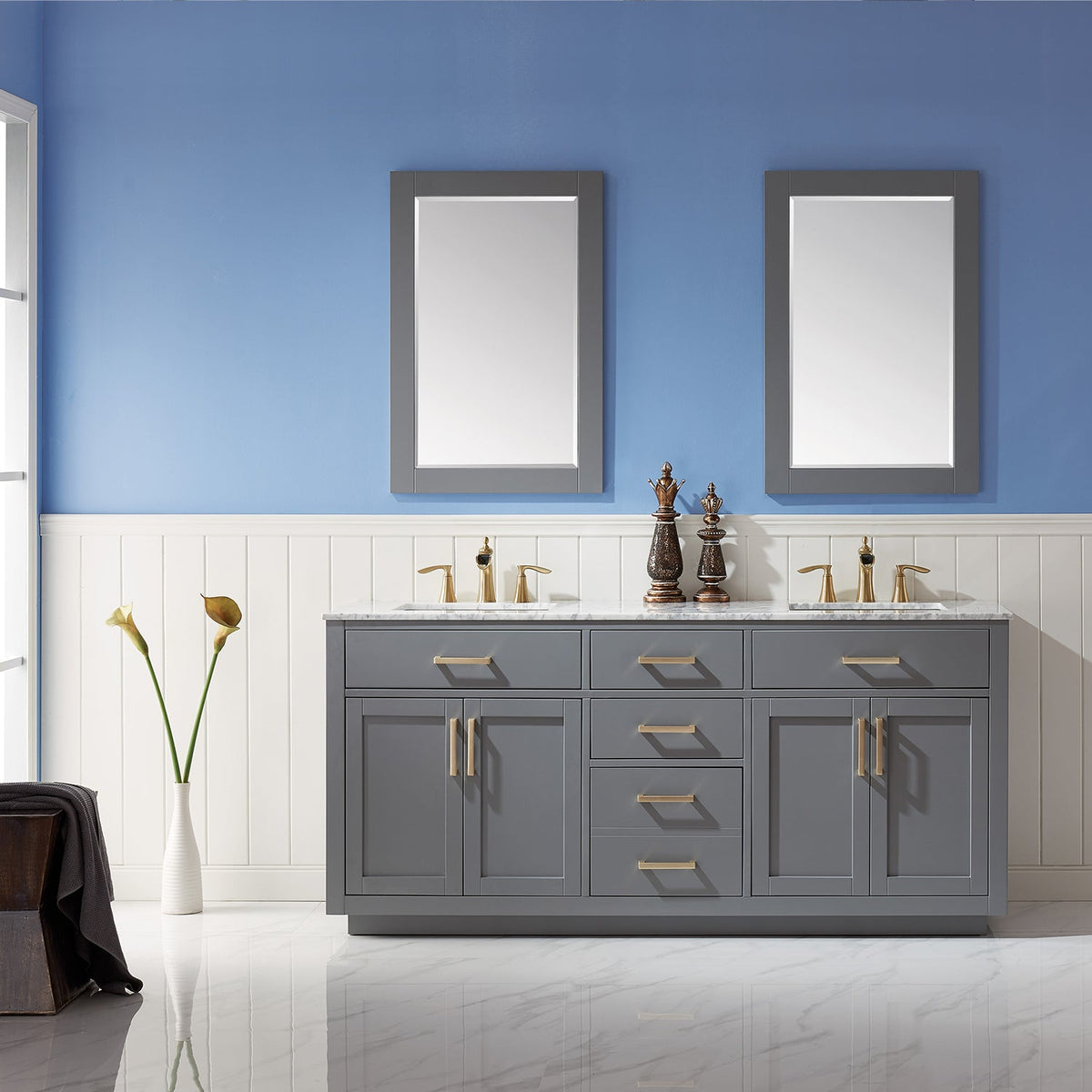 Altair Design Ivy 72" Double Bathroom Vanity Set in Gray and Carrara White Marble Countertop