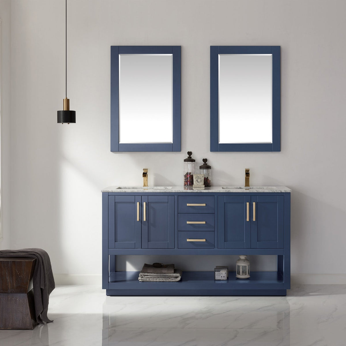 Altair Design Remi 60" Double Bathroom Vanity Set in Royal Blue and Carrara White Marble Countertop