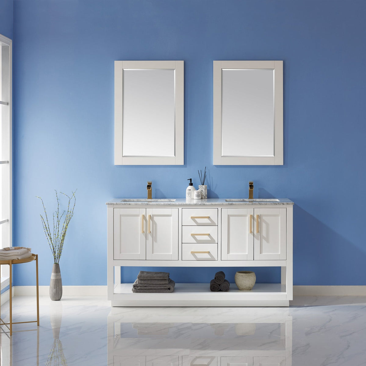 Altair Design Remi 60" Double Bathroom Vanity Set in White and Carrara White Marble Countertop