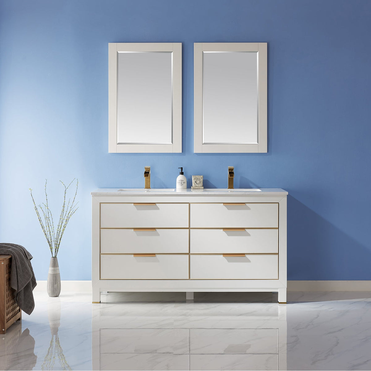 Altair Design Jackson 60" Double Bathroom Vanity Set in White and Aosta White Composite Stone Countertop