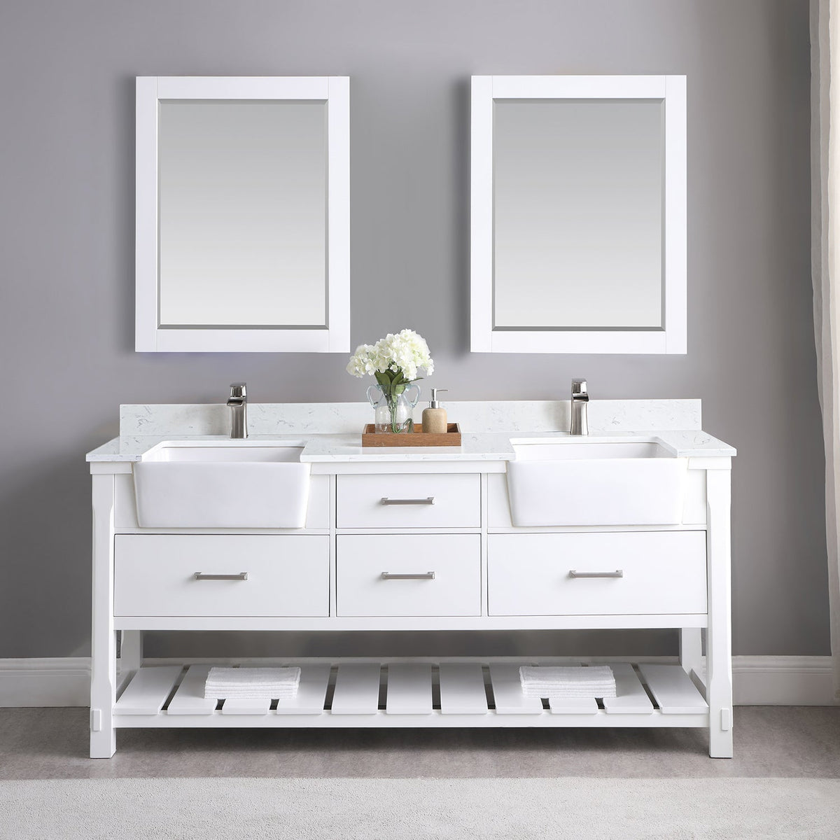 Altair Design Georgia 72" Double Bathroom Vanity Set in White and Aosta White Composite Stone Top with White Farmhouse Basin