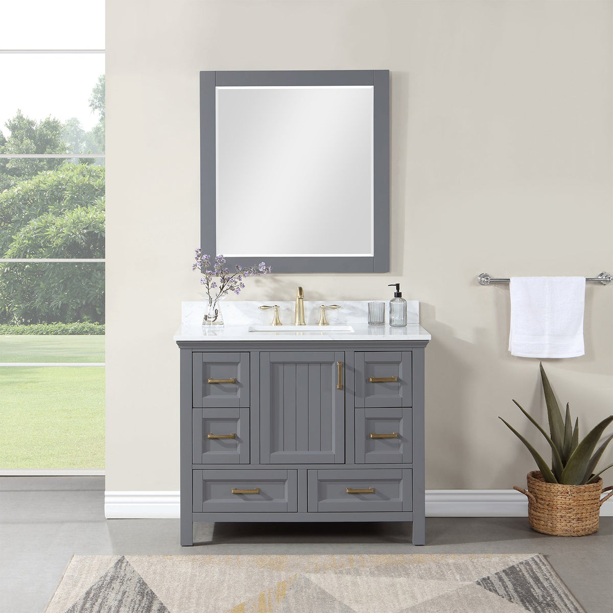 Altair Design Isla 42" Single Bathroom Vanity Set in Gray and Aosta White Composite Stone Countertop