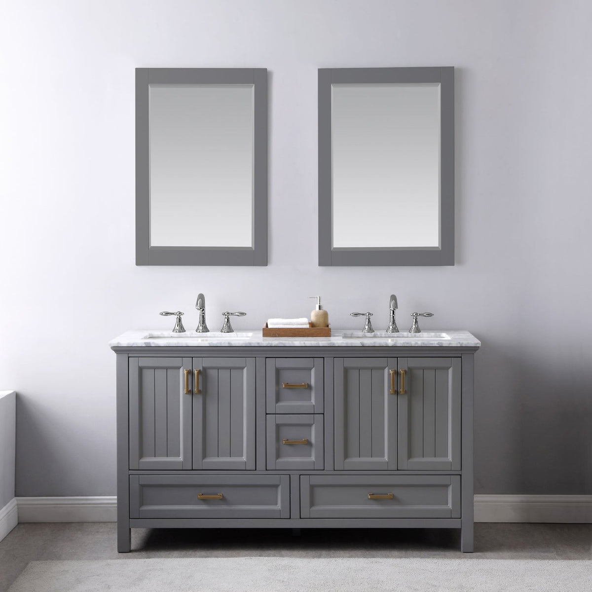 Altair Design Isla 60" Double Bathroom Vanity Set in Gray and Carrara White Marble Countertop