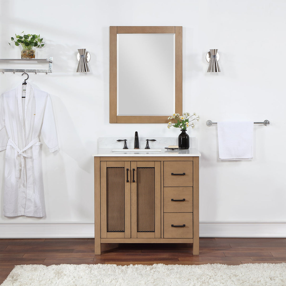 Altair Design Hadiya 36" Single Bathroom Vanity Set in Brown Pine with Aosta White Composite Stone Countertop