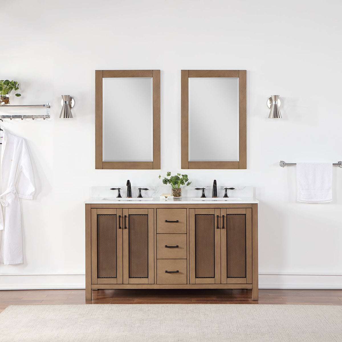 Altair Design Hadiya 60" Double Bathroom Vanity Set in Brown Pine with Aosta White Composite Stone Countertop