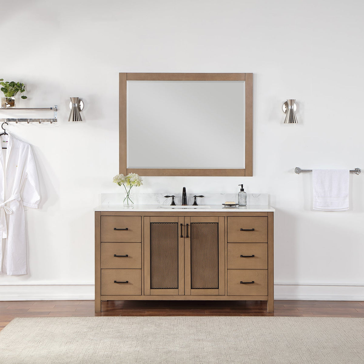 Altair Design Hadiya 60" Single Bathroom Vanity Set in Brown Pine with Aosta White Composite Stone Countertop