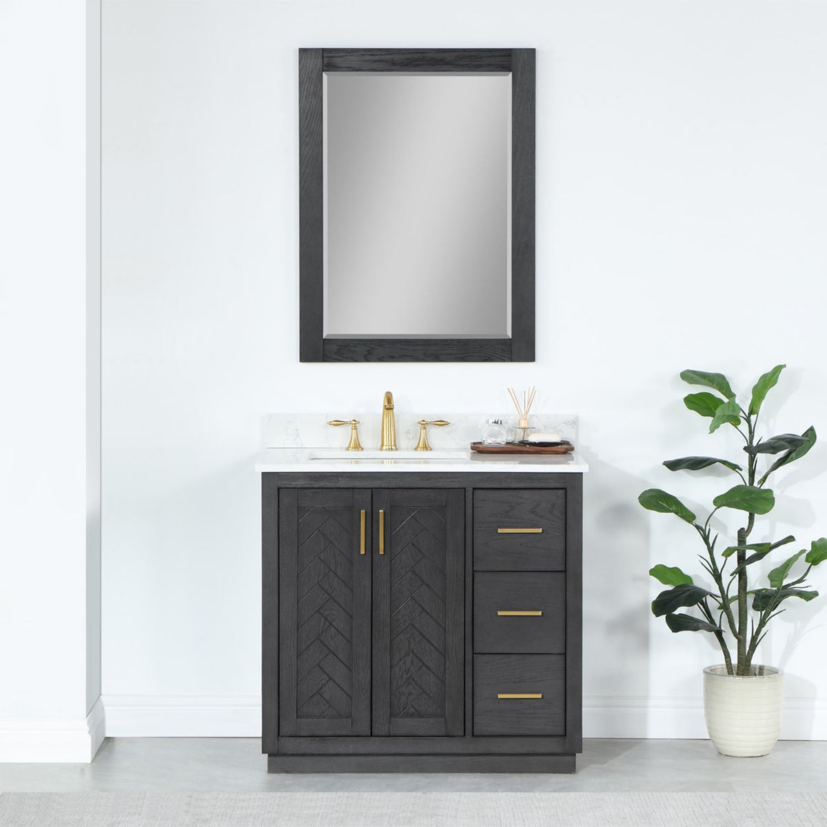 Altair Design Gazsi 36" Single Bathroom Vanity Set in Brown Oak with Grain White Composite Stone Countertop