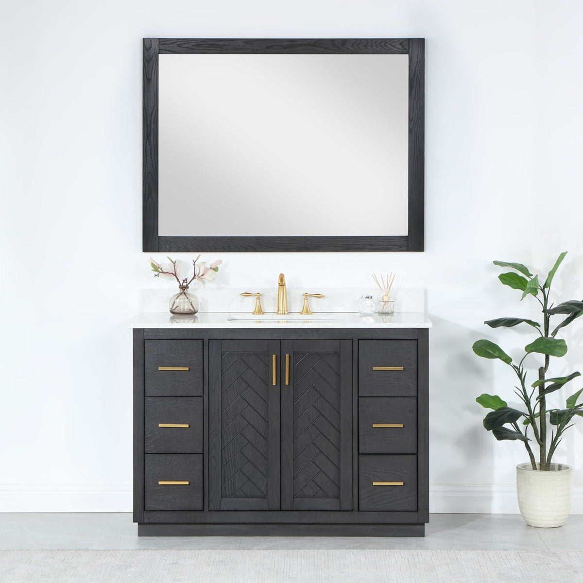 Altair Design Gazsi 48" Single Bathroom Vanity Set in Brown Oak with Grain White Composite Stone Countertop