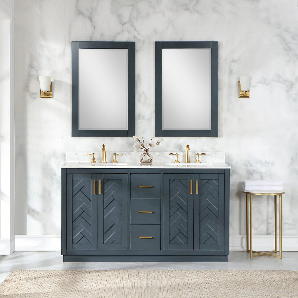 Altair Design Gazsi 60" Double Bathroom Vanity Set in Classic Blue with Grain White Composite Stone Countertop