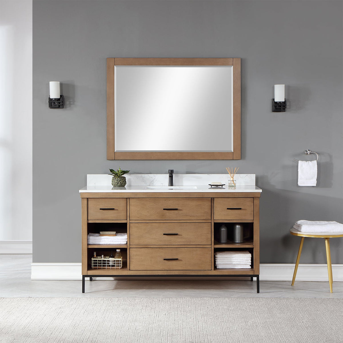 Altair Design Kesia 60" Single Bathroom Vanity Set in Brown Pine with Aosta White Composite Stone Countertop