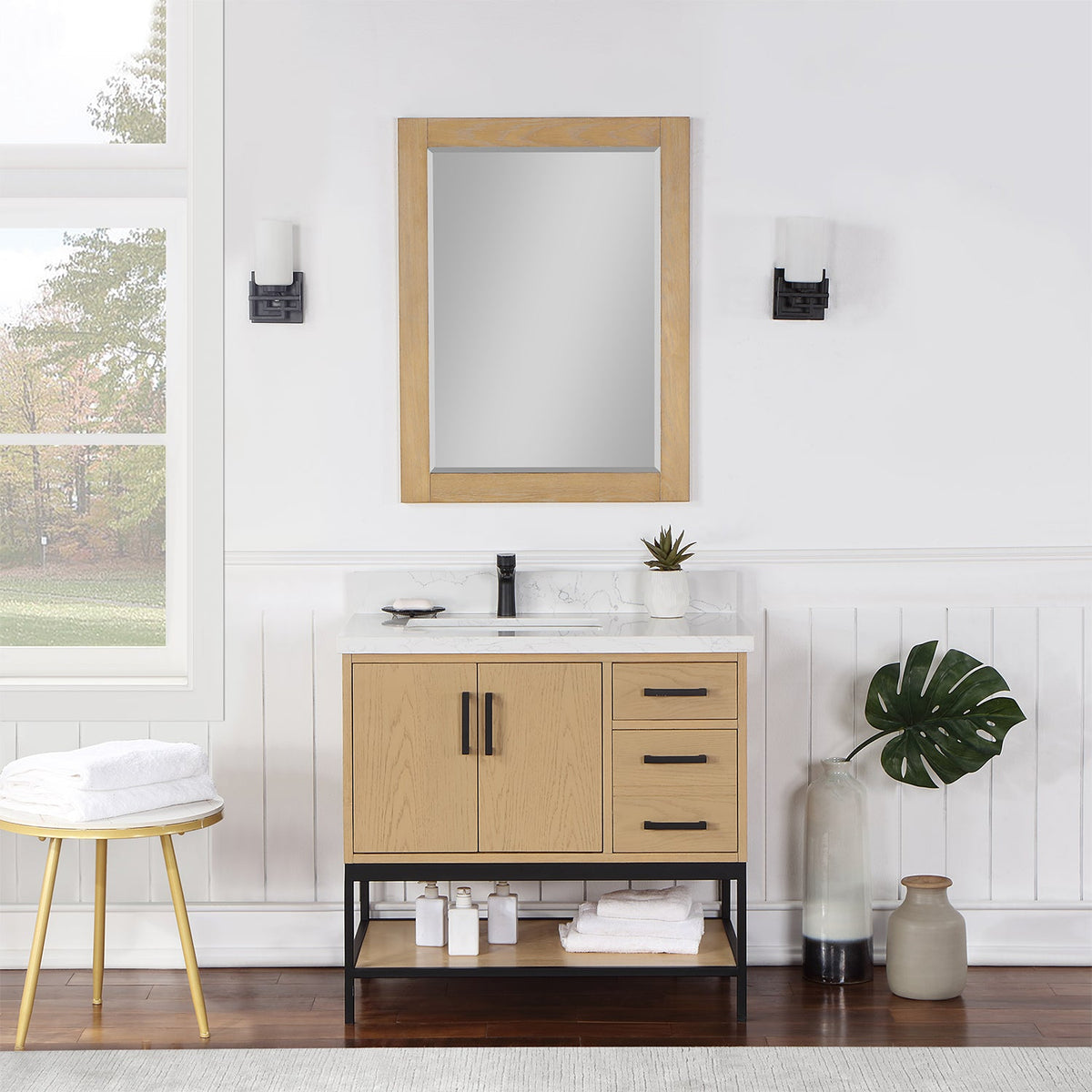 Altair Design Wildy 36" Single Bathroom Vanity Set in Washed Oak with Grain White Composite Stone Countertop