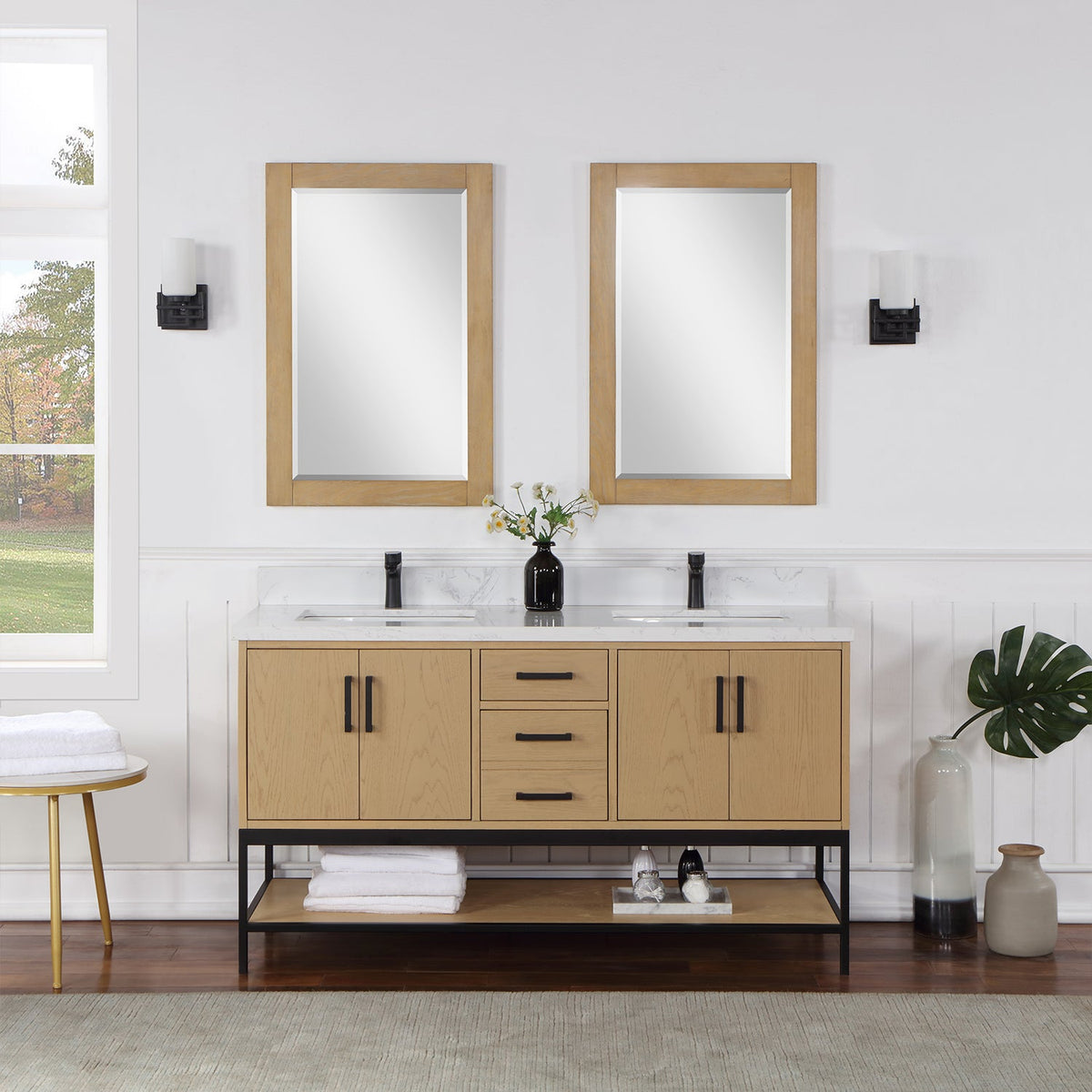 Altair Design Wildy 60" Double Bathroom Vanity Set in Washed Oak with Grain White Composite Stone Countertop