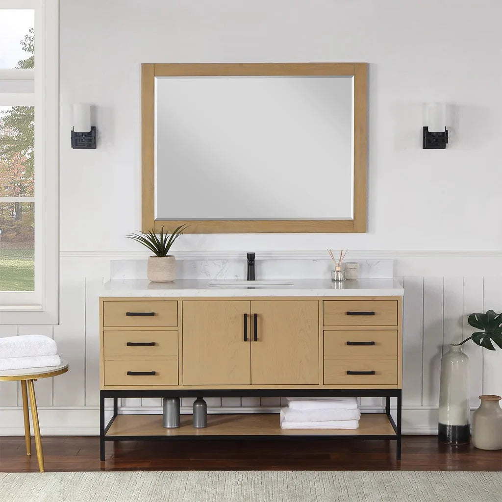 Altair Design Wildy 60" Single Bathroom Vanity Set in Washed Oak with Grain White Composite Stone Countertop