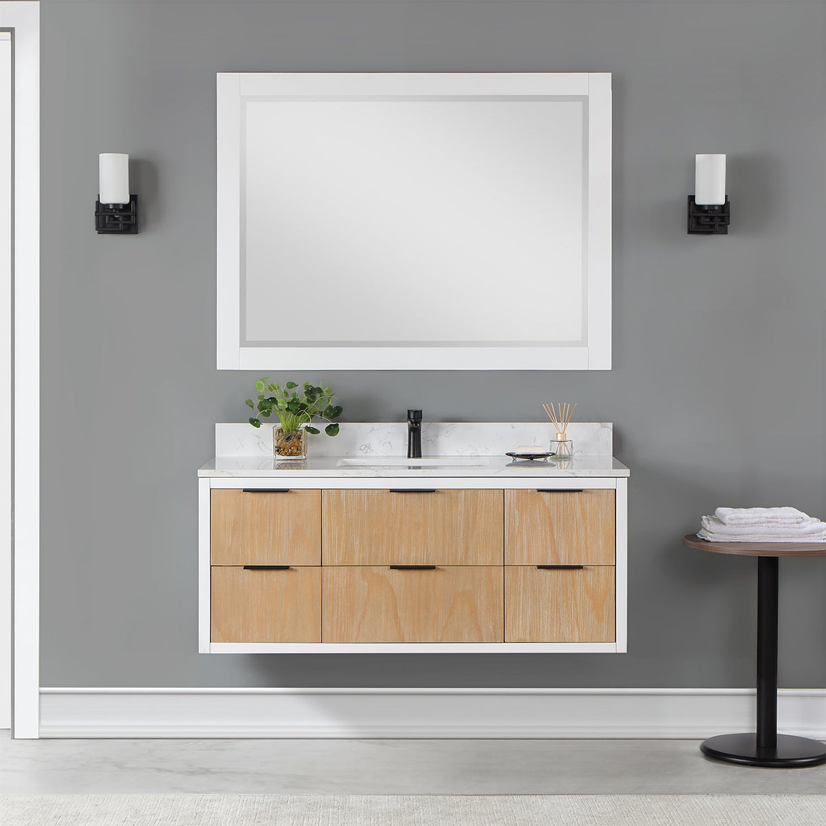 Altair Design Dione 48" Single Bathroom Vanity in Weathered Pine with Aosta White Composite Stone Countertop