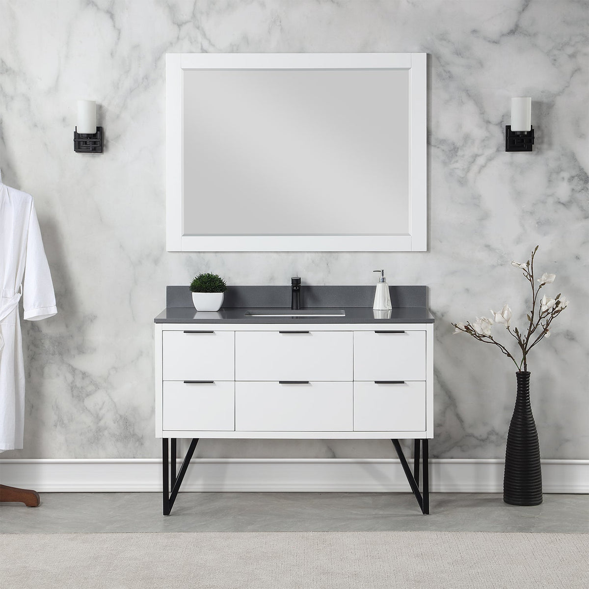Altair Design Helios 48" Single Bathroom Vanity in White with Concrete Gray Composite Stone Countertop