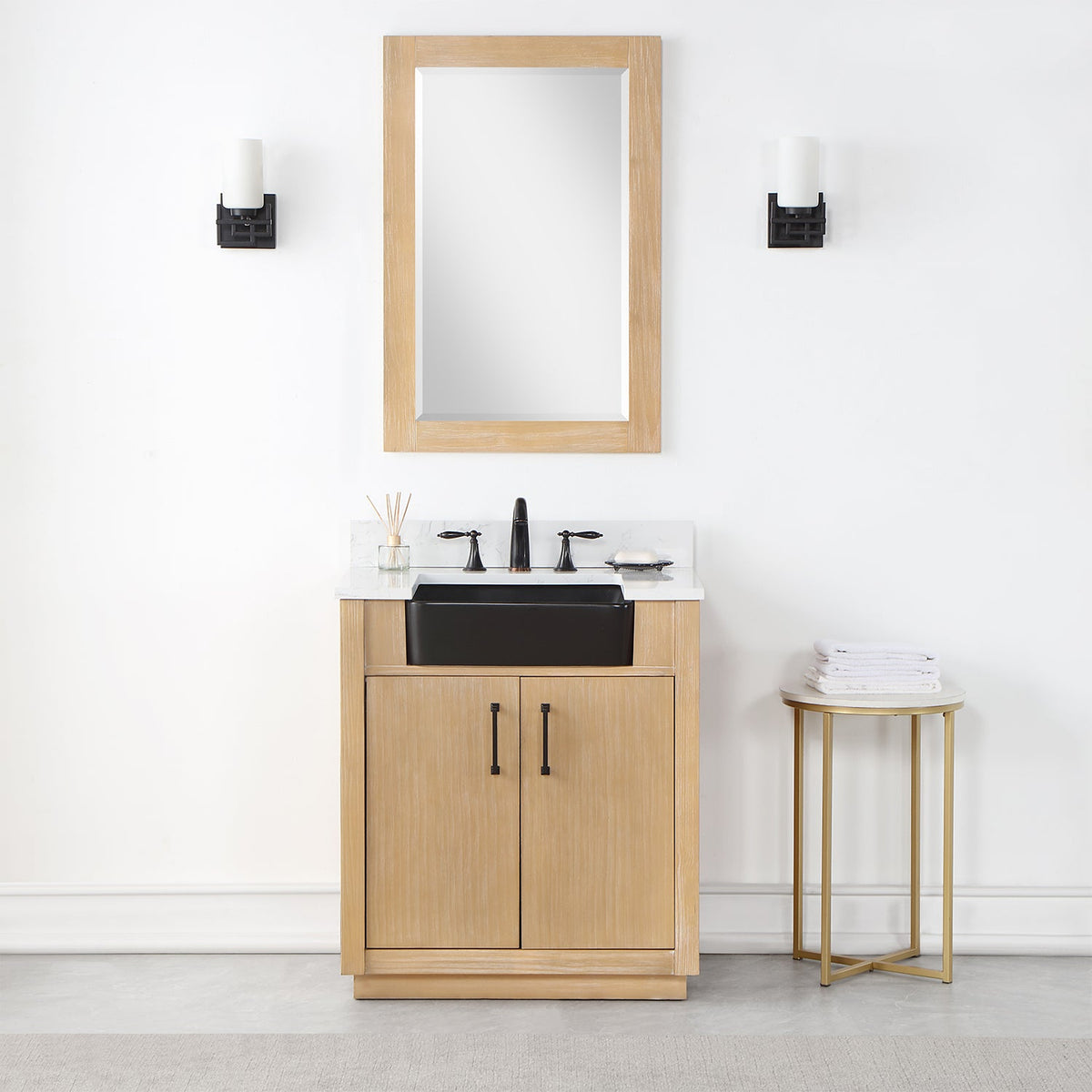 Altair Design Novago 30" Single Bathroom Vanity in Weathered Pine with Aosta White Composite Stone Countertop and Farmhouse Sink