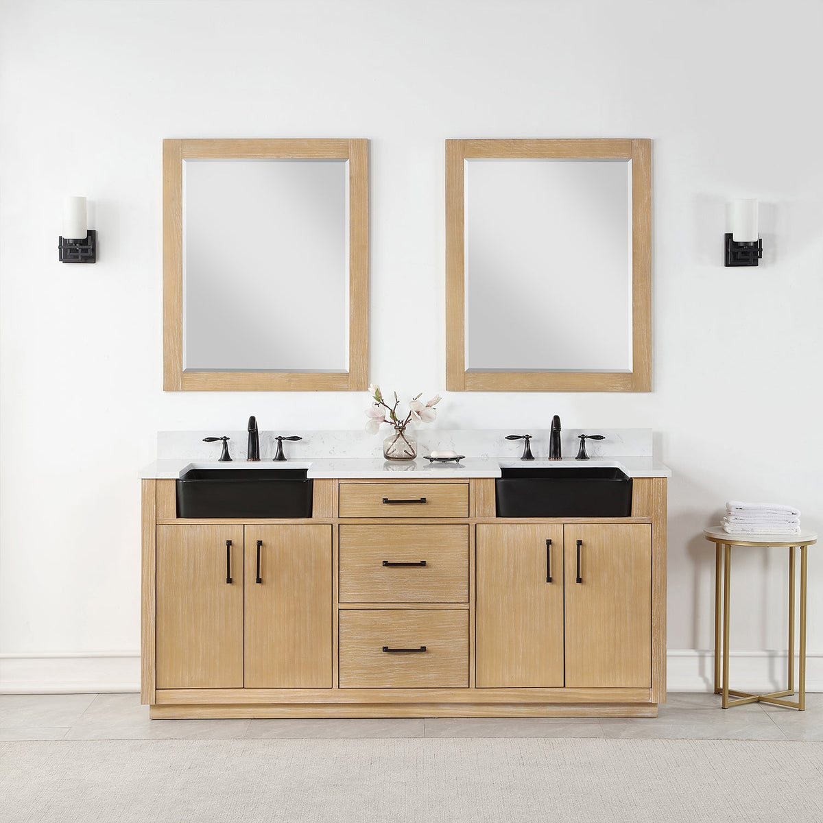 Altair Design Novago 72" Double Bathroom Vanity in Weathered Pine with Aosta White Composite Stone Countertop and Farmhouse Sink