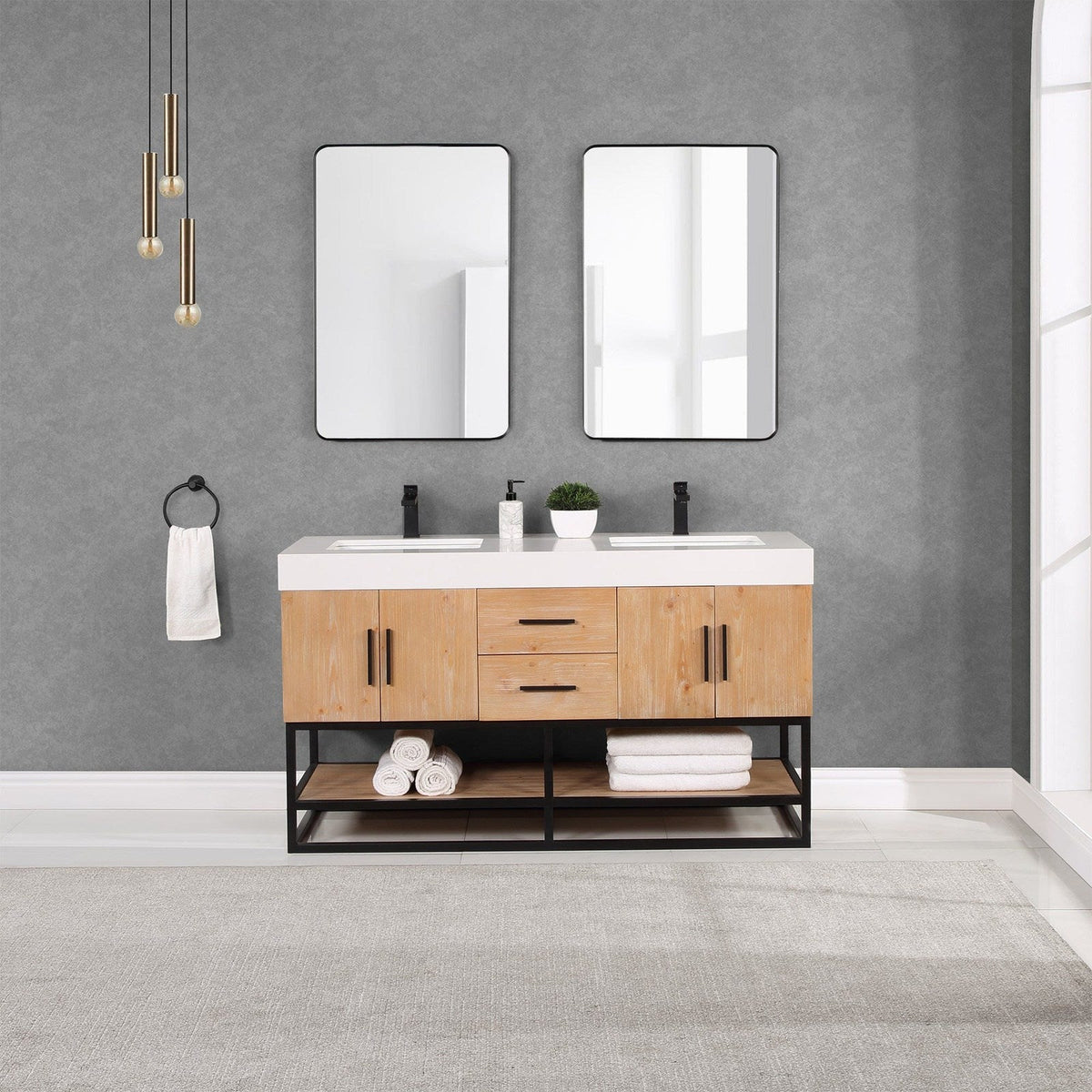 Altair Design Bianco 60" Double Bathroom Vanity in Light Brown with Matte Black Support Base and White Composite Stone Countertop