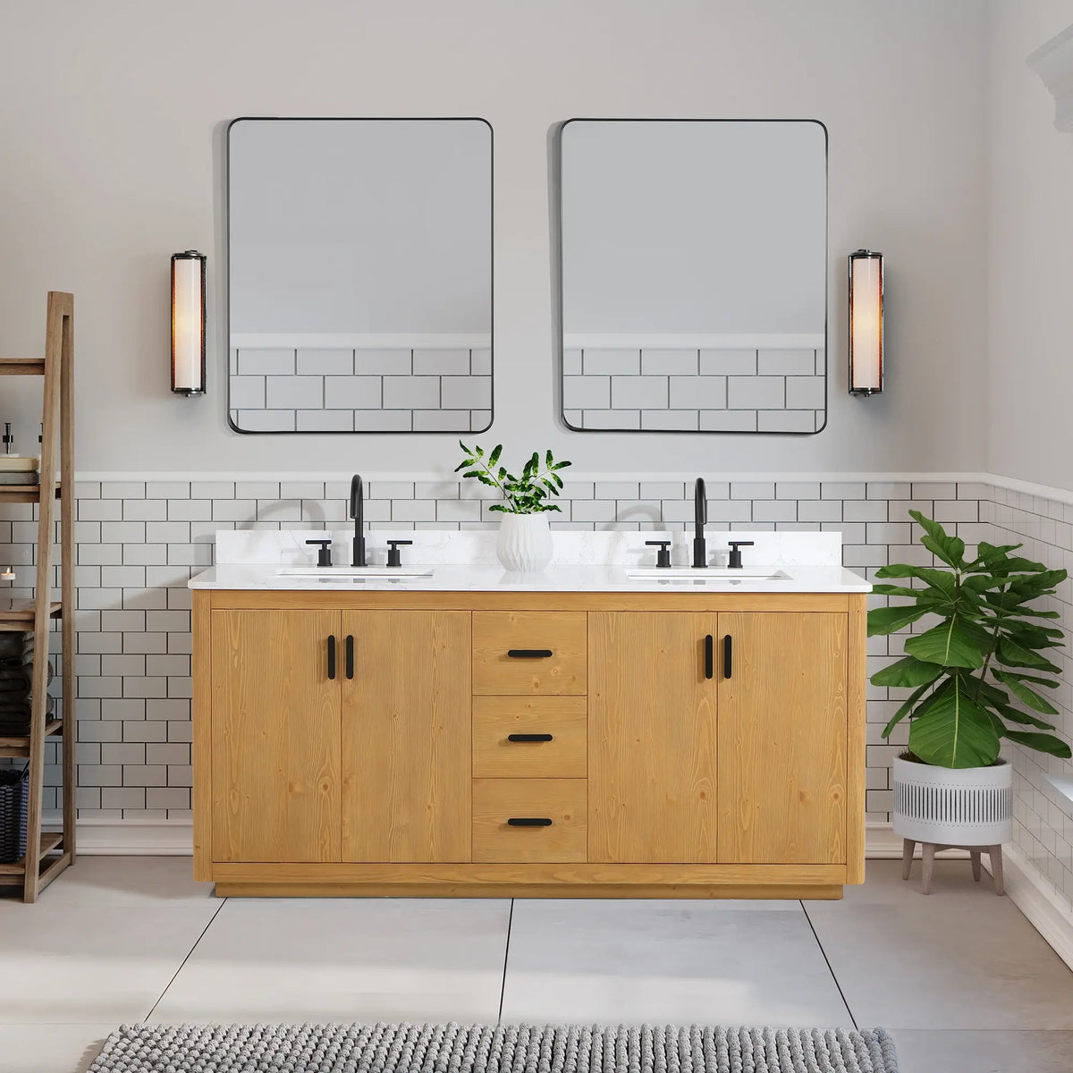 Altair Design Perla 72" Double Bathroom Vanity in Natural Wood with Grain White Composite Stone Countertop