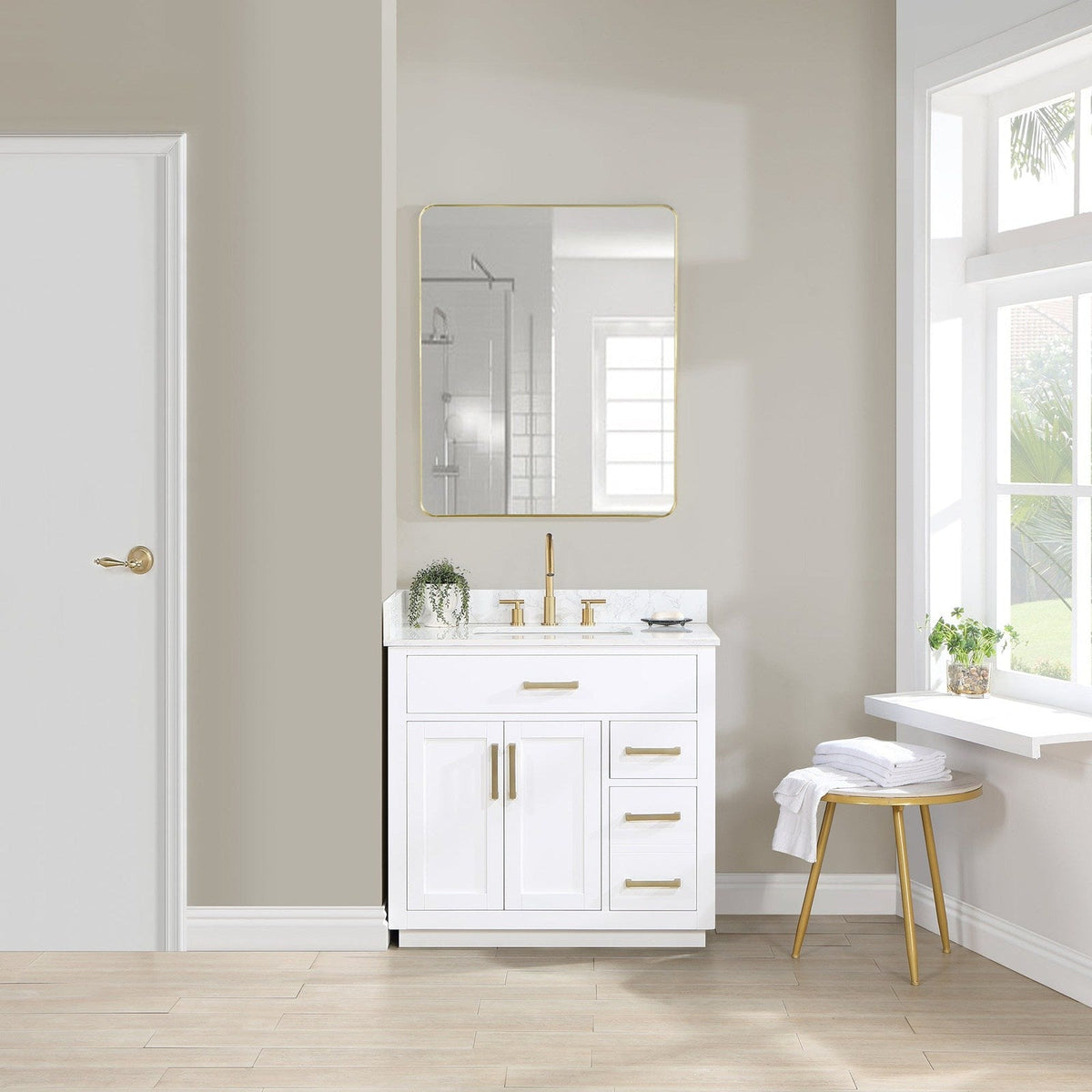Altair Design Gavino 36" Single Bathroom Vanity in White with Grain White Composite Stone Countertop