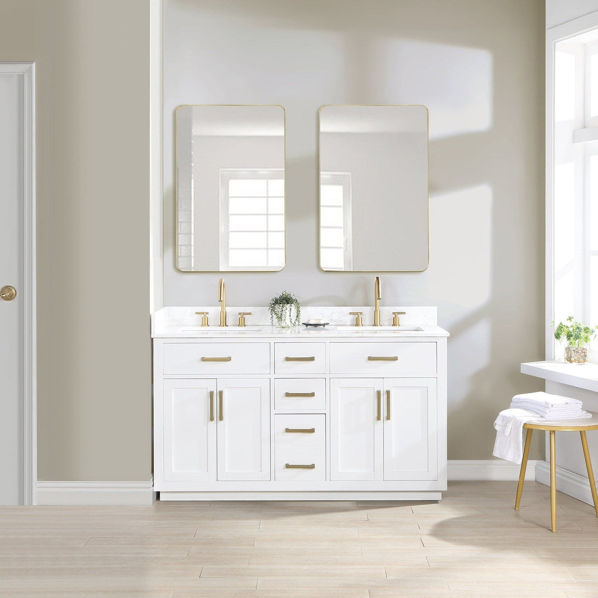 Altair Design Gavino 60" Double Bathroom Vanity in White with Grain White Composite Stone Countertop