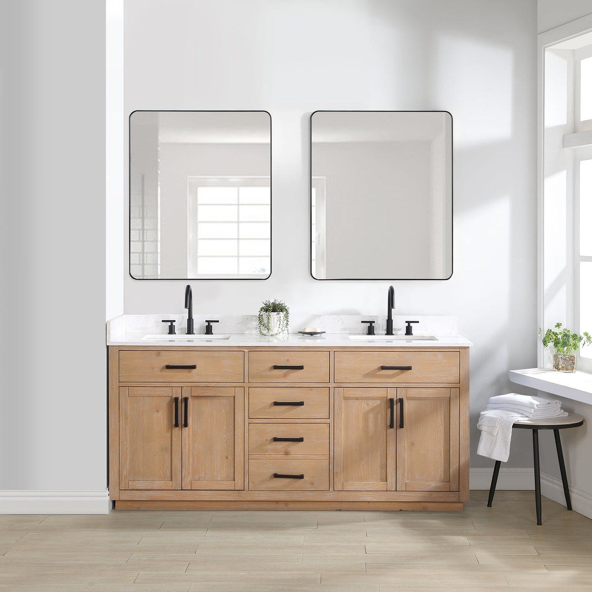 Altair Design Gavino 72" Double Bathroom Vanity in Light Brown with Grain White Composite Stone Countertop