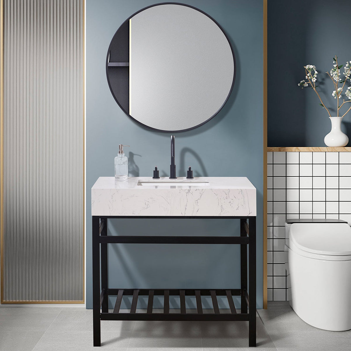Altair Design Merano 36" Single Stainless Steel Vanity Console in Matt Black with Aosta White Stone Countertop
