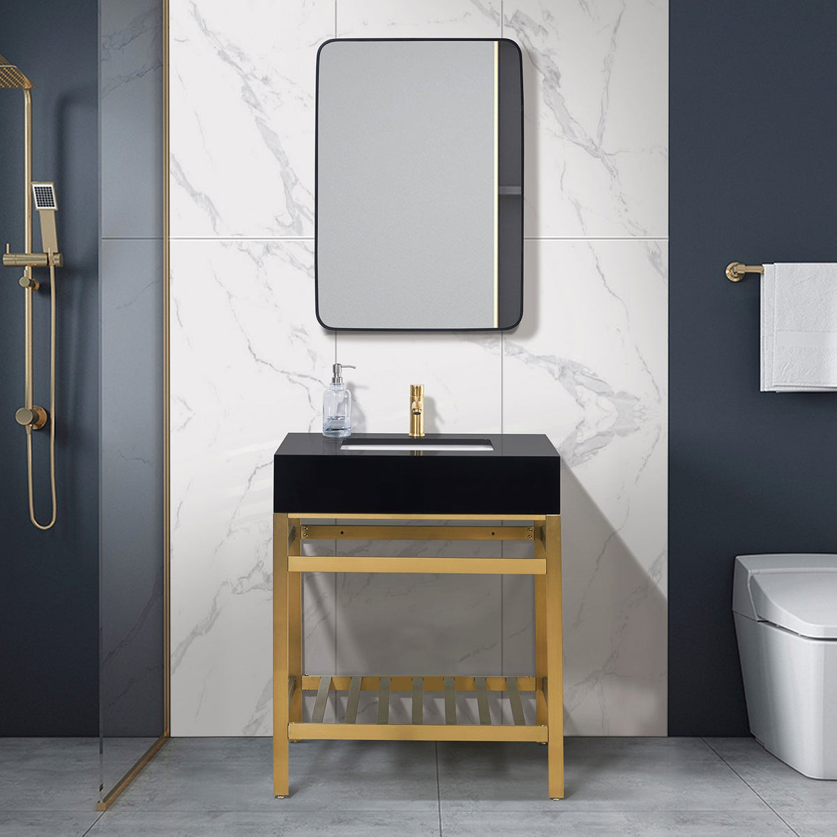 Altair Design Nauders 30" Single Stainless Steel Vanity Console in Brushed Gold with Imperial Black Stone Countertop