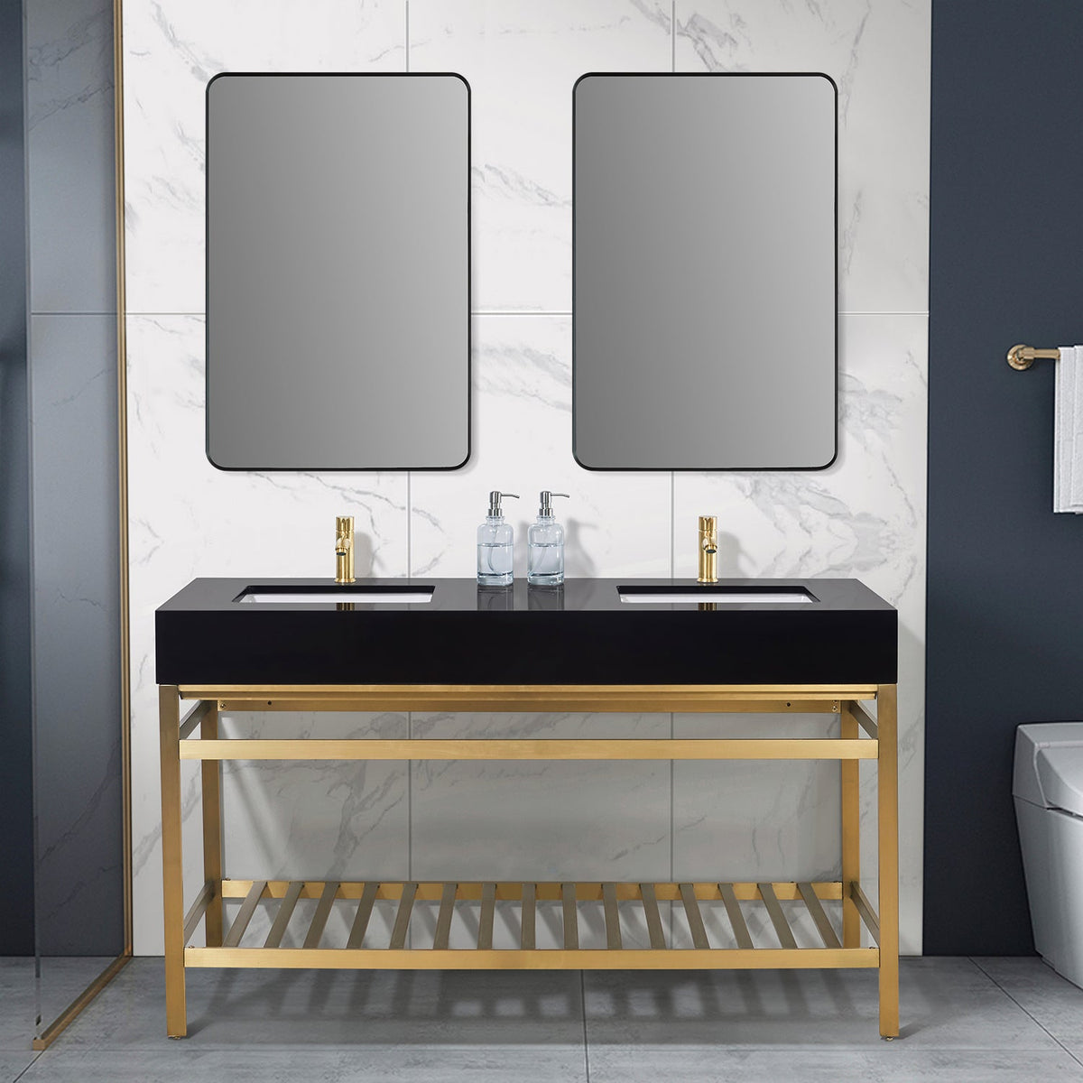 Altair Design Nauders 60" Double Stainless Steel Vanity Console in Brushed Gold with Imperial Black Stone Countertop
