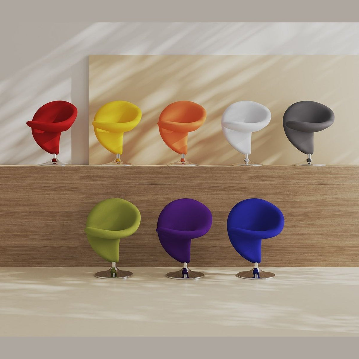 Manhattan Comfort Curl Swivel Accent Chair Set of 8 in Multi Colors of Red, Orange, Yellow, White, Grey, Blue, Red, and Purple