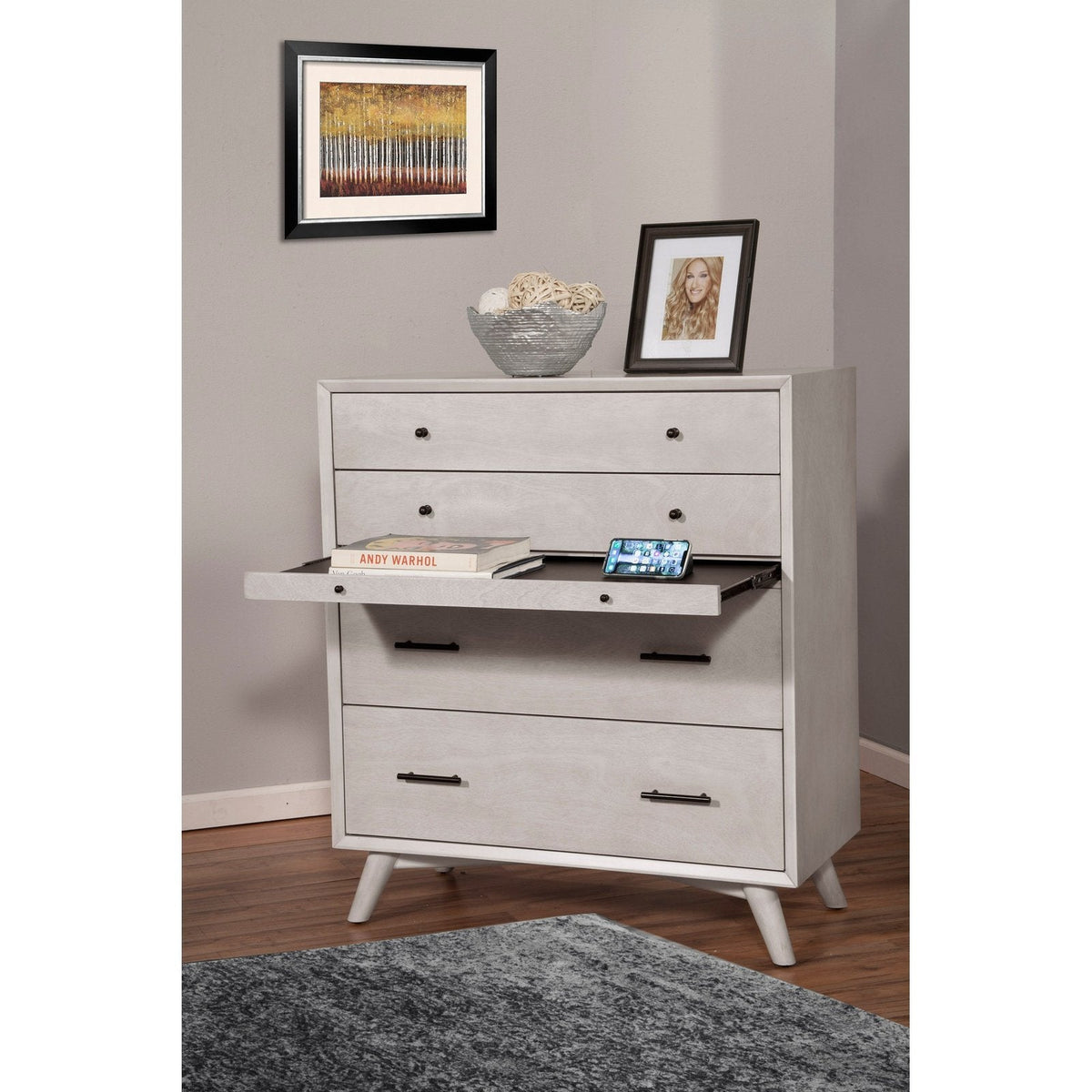 Alpine Furniture Flynn Mid Century Modern 4 Drawer Multifunction Chest w/Pull Out Tray, Gray 966G-05