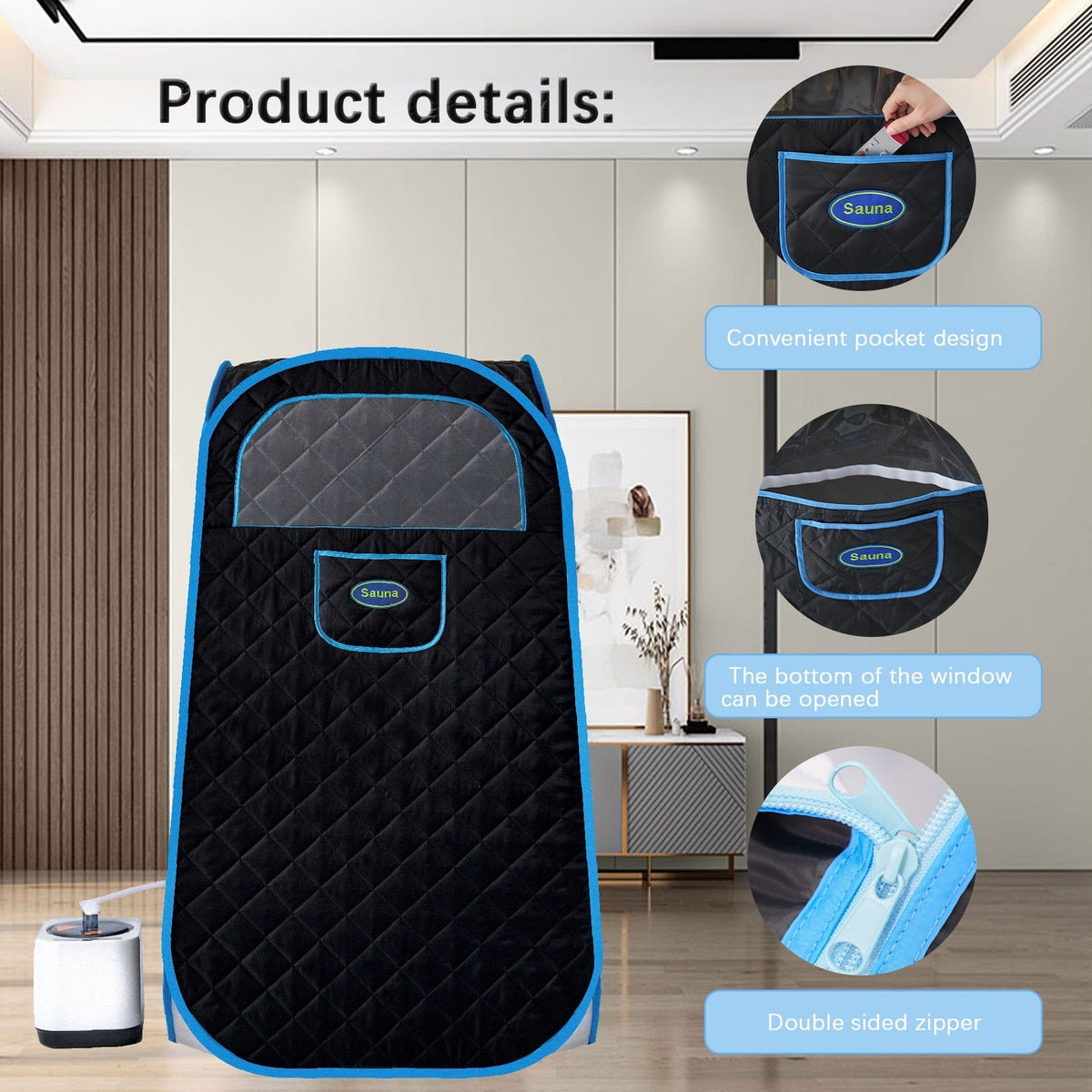 Portable Folding Steam Sauna with 1000W 2.2L Steamer, Remote & Chair - Black