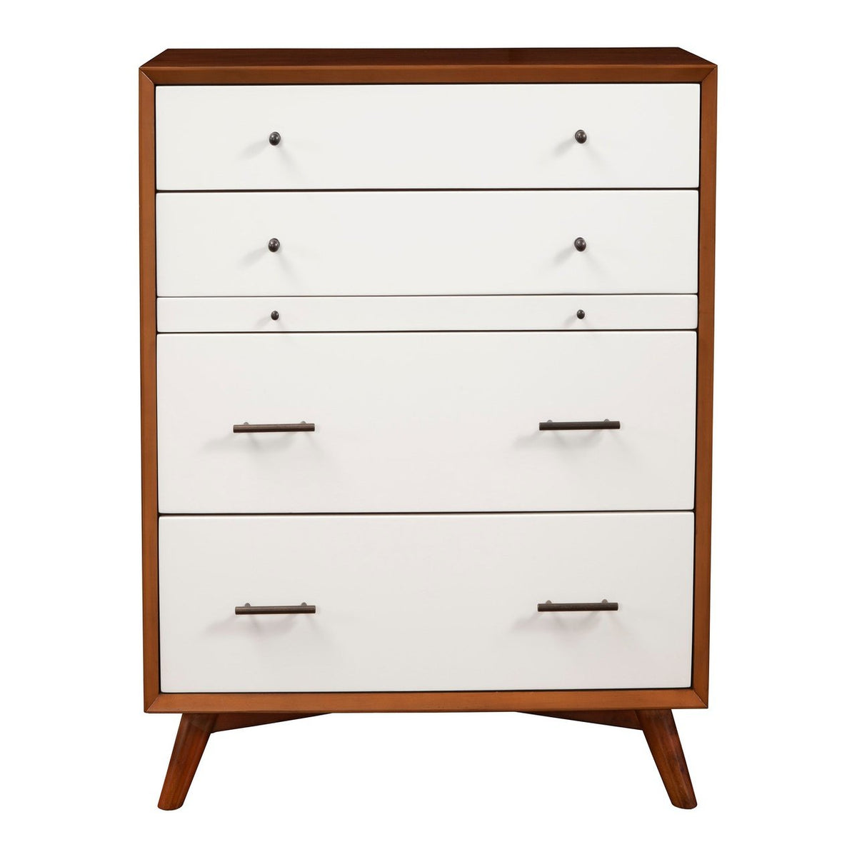 Alpine Furniture Flynn Mid Century Modern 4 Drawer Two Tone Multifunction Chest w/Pull Out Tray, Acorn/White 999-05