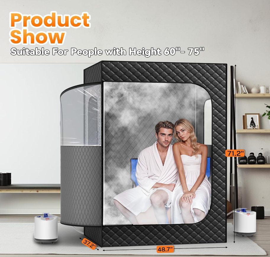 Manastin 2-Person Portable Steam Sauna Tent with 2 Foldable Chairs – Black, Large