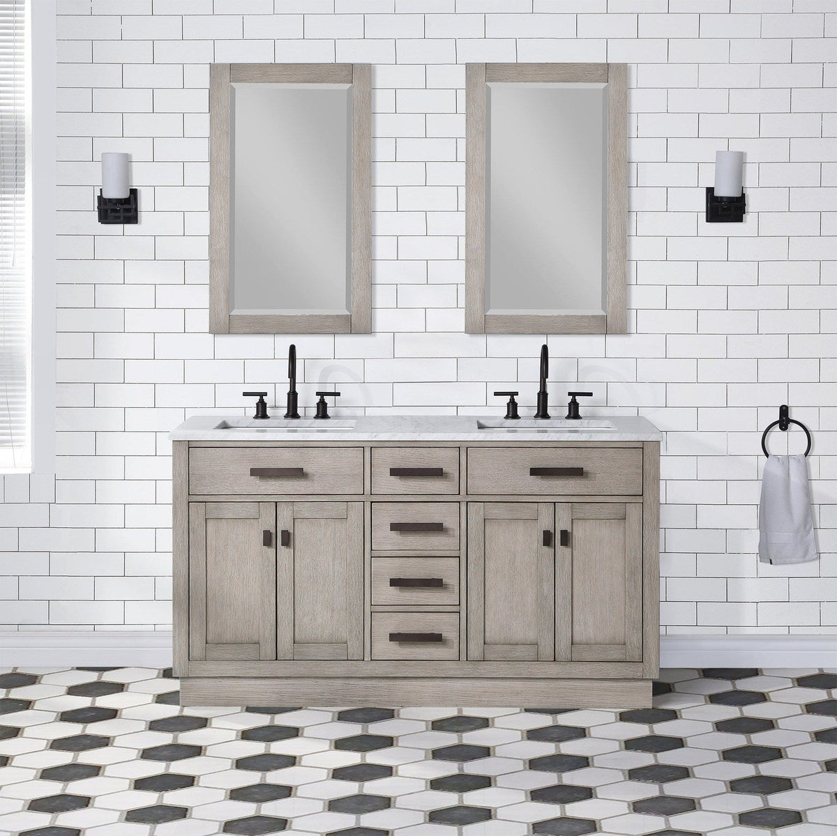 Water Creation Chestnut 60" Double Sink Carrara White Marble Countertop Vanity In Grey Oak