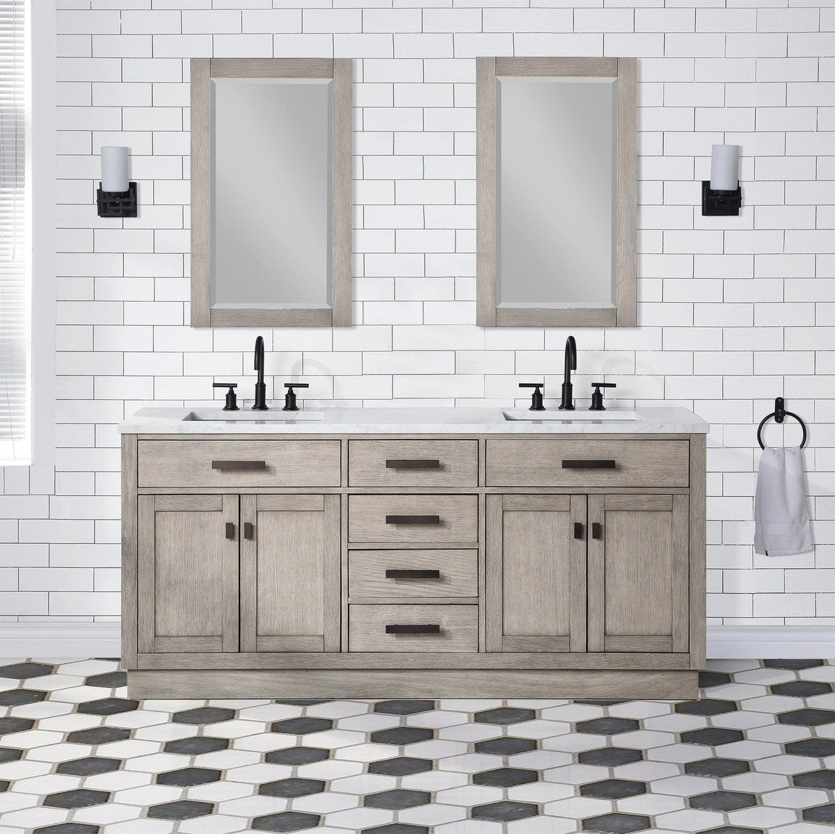 Water Creation Chestnut 72" Double Sink Carrara White Marble Countertop Vanity In Grey Oak with Gooseneck Faucets