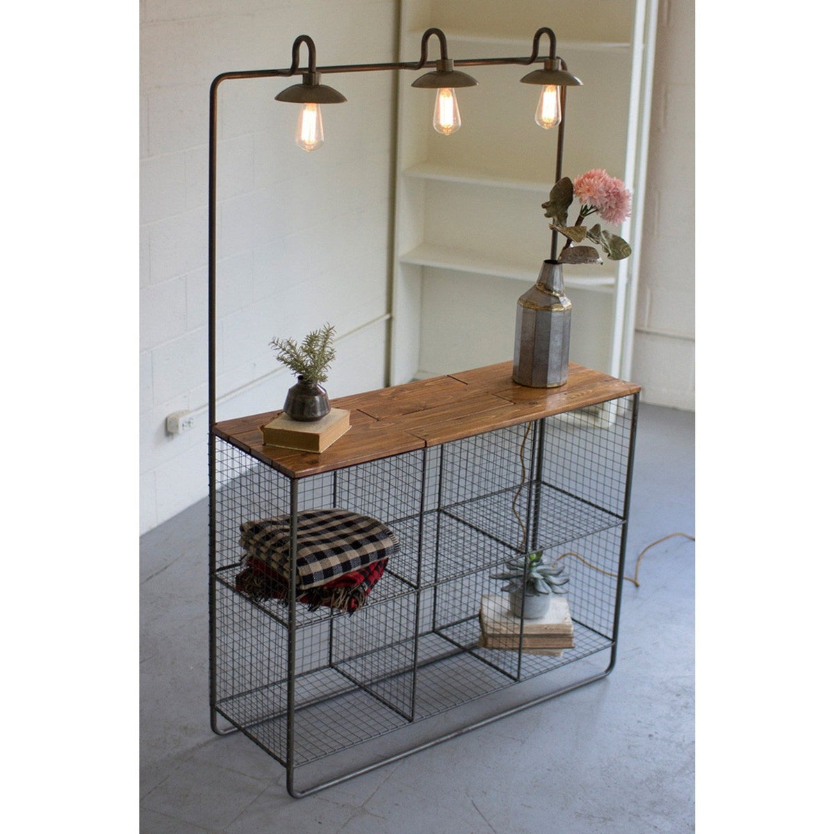 Kalalou Wall Display W/ Three Lights-Six Wire Cubbies & Wood Shelf