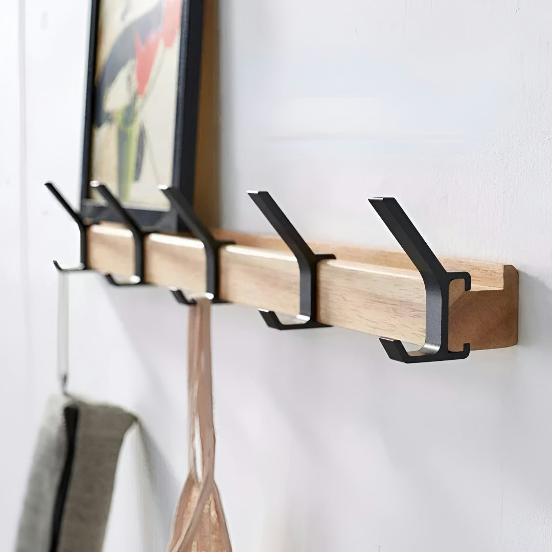 Wall-Mounted Wooden Coat Rack with 5 Sliding Double Hooks