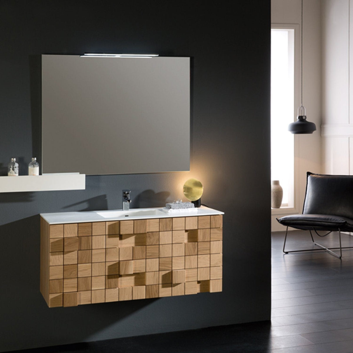 Eviva Mosaic 36" Wall Mounted Oak Bathroom Vanity with White Integrated Solid Surface Countertop