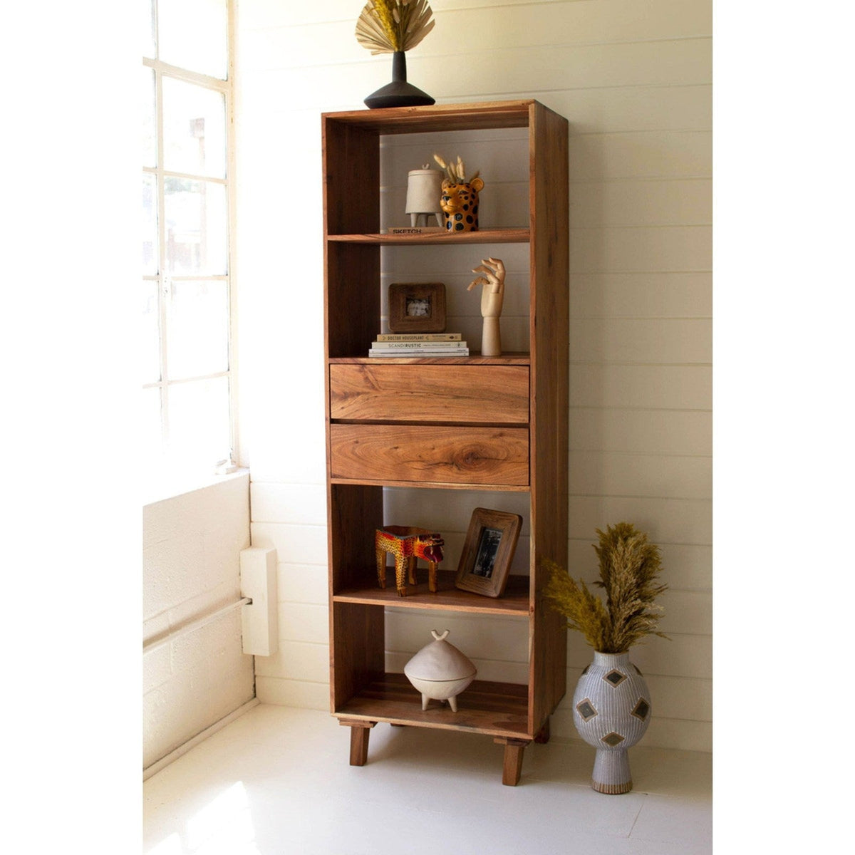 Kalalou Tall Acacia Wood Cabinet With Two Drawers