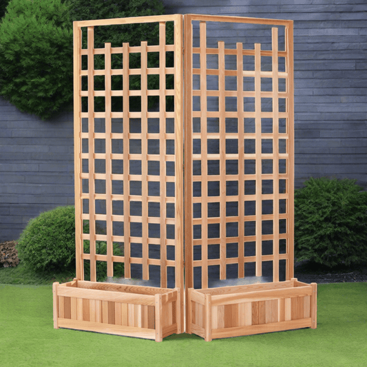 All Things Cedar 32w x 11d x 12h Twin Planter Boxes and Trellis Privacy Screen Set PL30-Twin
