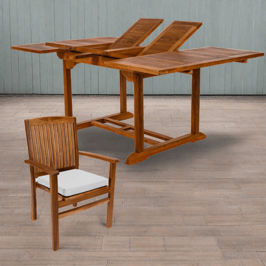 All Things Cedar 5-Piece Butterfly Extension Table Stacking Chair Set with White Cushions TD72-24-W