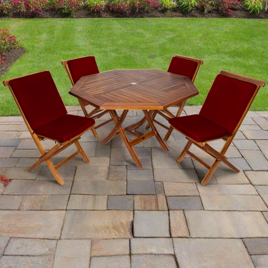 All Things Cedar 5-Piece 4-ft Teak Octagon Folding Table Set with Red Cushions TT5P-O-R
