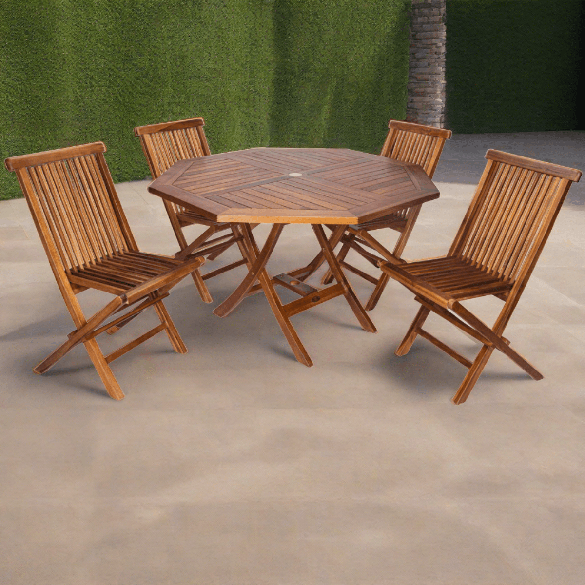 All Things Cedar 5-Piece 4-ft Teak Octagon Folding Table and Folding Chair Set TT5P-O
