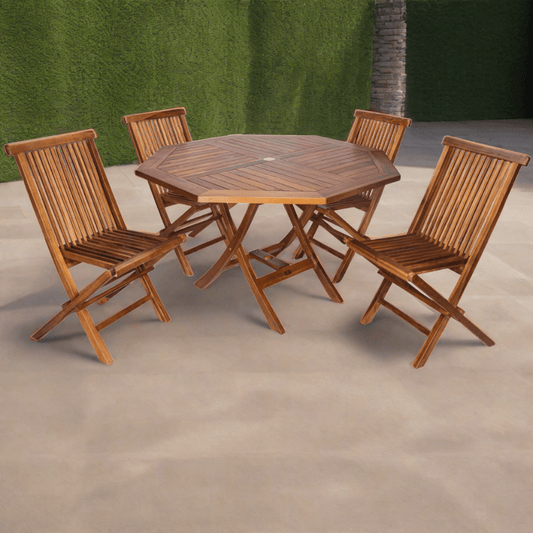 All Things Cedar 5-Piece 4-ft Teak Octagon Folding Table and Folding Chair Set TT5P-O
